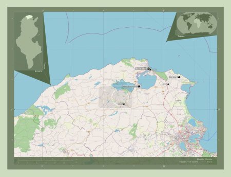 Téléchargez les photos : Bizerte, gouvernorat de Tunisie. Ouvrir la carte routière. Emplacements et noms des grandes villes de la région. Corner cartes de localisation auxiliaires - en image libre de droit
