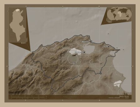 Téléchargez les photos : Bizerte, gouvernorat de Tunisie. Carte d'altitude colorée dans des tons sépia avec des lacs et des rivières. Emplacements et noms des grandes villes de la région. Corner cartes de localisation auxiliaires - en image libre de droit