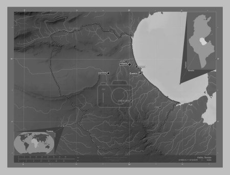 Photo for Gabes, governorate of Tunisia. Grayscale elevation map with lakes and rivers. Locations and names of major cities of the region. Corner auxiliary location maps - Royalty Free Image