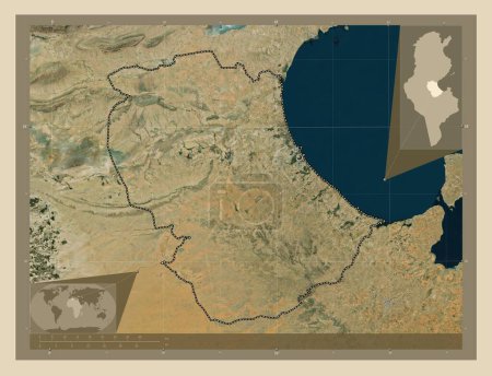 Téléchargez les photos : Gabes, gouvernorat de Tunisie. Carte satellite haute résolution. Corner cartes de localisation auxiliaires - en image libre de droit