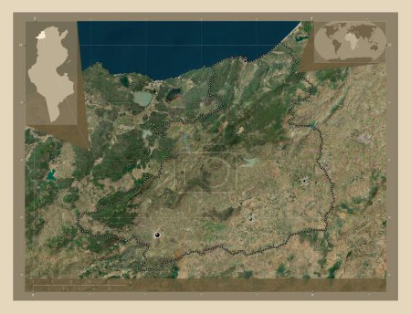 Téléchargez les photos : Jendouba, gouvernorat de Tunisie. Carte satellite haute résolution. Emplacements des grandes villes de la région. Corner cartes de localisation auxiliaires - en image libre de droit