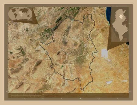 Téléchargez les photos : Kairouan, gouvernorat de Tunisie. Carte satellite basse résolution. Corner cartes de localisation auxiliaires - en image libre de droit