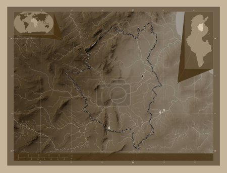 Photo for Kairouan, governorate of Tunisia. Elevation map colored in sepia tones with lakes and rivers. Corner auxiliary location maps - Royalty Free Image