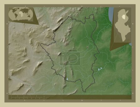 Téléchargez les photos : Kairouan, gouvernorat de Tunisie. Carte d'altitude colorée dans le style wiki avec des lacs et des rivières. Emplacements des grandes villes de la région. Corner cartes de localisation auxiliaires - en image libre de droit