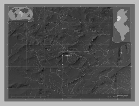 Téléchargez les photos : Kasserine, governorate of Tunisia. Grayscale elevation map with lakes and rivers. Locations and names of major cities of the region. Corner auxiliary location maps - en image libre de droit