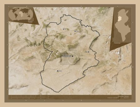 Téléchargez les photos : Kasserine, gouvernorat de Tunisie. Carte satellite basse résolution. Emplacements et noms des grandes villes de la région. Corner cartes de localisation auxiliaires - en image libre de droit