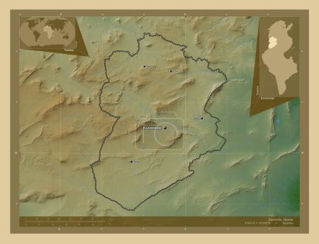 Téléchargez les photos : Kasserine, gouvernorat de Tunisie. Carte d'altitude colorée avec lacs et rivières. Emplacements et noms des grandes villes de la région. Corner cartes de localisation auxiliaires - en image libre de droit