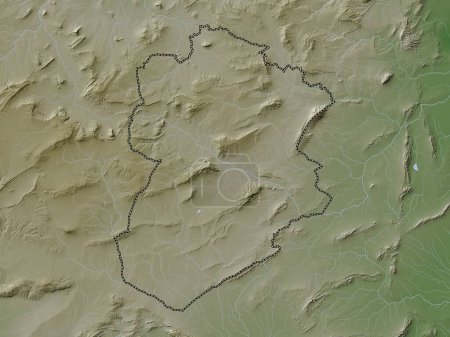 Téléchargez les photos : Kasserine, gouvernorat de Tunisie. Carte d'altitude colorée dans le style wiki avec des lacs et des rivières - en image libre de droit