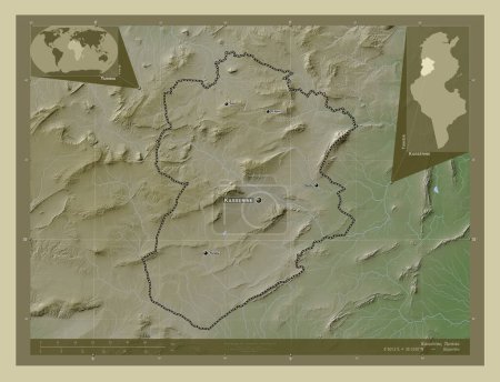 Téléchargez les photos : Kasserine, gouvernorat de Tunisie. Carte d'altitude colorée dans le style wiki avec des lacs et des rivières. Emplacements et noms des grandes villes de la région. Corner cartes de localisation auxiliaires - en image libre de droit