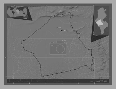 Foto de Kebili, provincia de Túnez. Mapa de elevación de Bilevel con lagos y ríos. Ubicaciones y nombres de las principales ciudades de la región. Mapas de ubicación auxiliares de esquina - Imagen libre de derechos