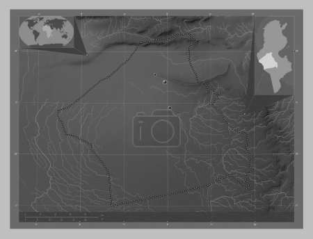 Téléchargez les photos : Kebili, governorate of Tunisia. Grayscale elevation map with lakes and rivers. Locations of major cities of the region. Corner auxiliary location maps - en image libre de droit