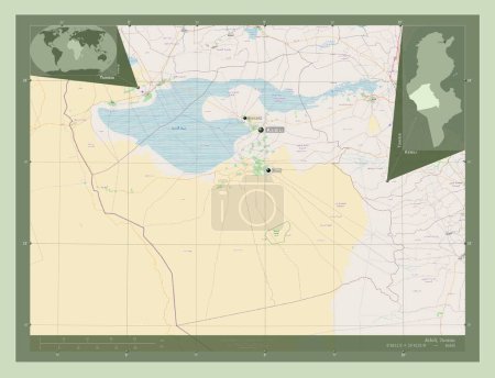 Téléchargez les photos : Kebili, gouvernorat de Tunisie. Ouvrir la carte routière. Emplacements et noms des grandes villes de la région. Corner cartes de localisation auxiliaires - en image libre de droit