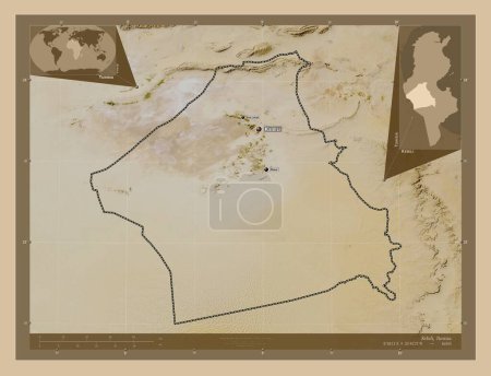 Foto de Kebili, provincia de Túnez. Mapa satelital de baja resolución. Ubicaciones y nombres de las principales ciudades de la región. Mapas de ubicación auxiliares de esquina - Imagen libre de derechos