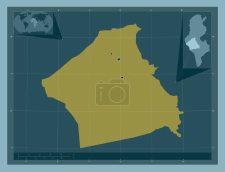 Téléchargez les photos : Kebili, gouvernorat de Tunisie. Forme de couleur unie. Emplacements des grandes villes de la région. Corner cartes de localisation auxiliaires - en image libre de droit