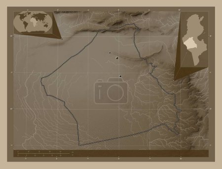 Foto de Kebili, provincia de Túnez. Mapa de elevación coloreado en tonos sepia con lagos y ríos. Ubicaciones de las principales ciudades de la región. Mapas de ubicación auxiliares de esquina - Imagen libre de derechos