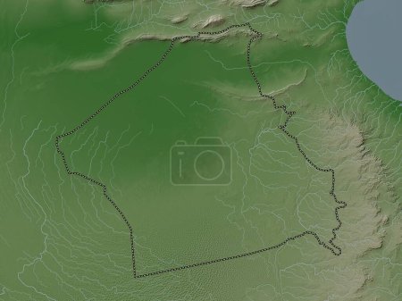 Téléchargez les photos : Kebili, gouvernorat de Tunisie. Carte d'altitude colorée dans le style wiki avec des lacs et des rivières - en image libre de droit