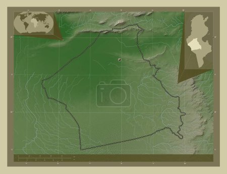 Téléchargez les photos : Kebili, gouvernorat de Tunisie. Carte d'altitude colorée dans le style wiki avec des lacs et des rivières. Corner cartes de localisation auxiliaires - en image libre de droit