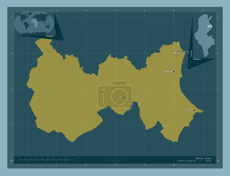 Foto de Mahdia, governorate of Tunisia. Solid color shape. Locations and names of major cities of the region. Corner auxiliary location maps - Imagen libre de derechos
