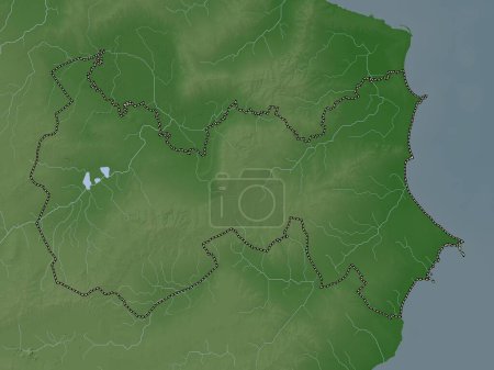 Mahdia, provincia de Túnez. Mapa de elevación coloreado en estilo wiki con lagos y ríos