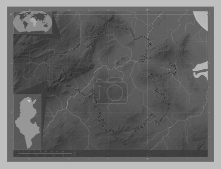 Téléchargez les photos : Manubah, governorate of Tunisia. Grayscale elevation map with lakes and rivers. Corner auxiliary location maps - en image libre de droit