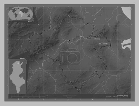 Téléchargez les photos : Manubah, governorate of Tunisia. Grayscale elevation map with lakes and rivers. Locations and names of major cities of the region. Corner auxiliary location maps - en image libre de droit