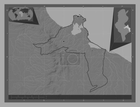 Foto de Medenine, provincia de Túnez. Mapa de elevación de Bilevel con lagos y ríos. Ubicaciones de las principales ciudades de la región. Mapas de ubicación auxiliares de esquina - Imagen libre de derechos