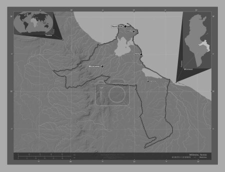 Téléchargez les photos : Médénine, gouvernorat de Tunisie. Carte d'altitude de Bilevel avec lacs et rivières. Emplacements et noms des grandes villes de la région. Corner cartes de localisation auxiliaires - en image libre de droit