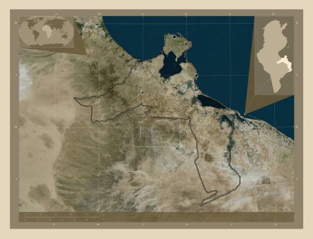 Foto de Medenine, provincia de Túnez. Mapa satelital de alta resolución. Ubicaciones de las principales ciudades de la región. Mapas de ubicación auxiliares de esquina - Imagen libre de derechos