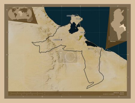 Téléchargez les photos : Médénine, gouvernorat de Tunisie. Carte satellite basse résolution. Emplacements et noms des grandes villes de la région. Corner cartes de localisation auxiliaires - en image libre de droit