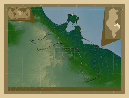 Téléchargez les photos : Médénine, gouvernorat de Tunisie. Carte d'altitude colorée avec lacs et rivières. Emplacements des grandes villes de la région. Corner cartes de localisation auxiliaires - en image libre de droit