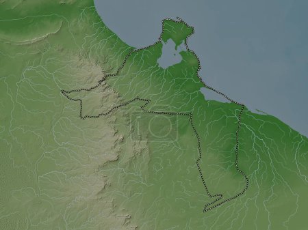 Medenine, provincia de Túnez. Mapa de elevación coloreado en estilo wiki con lagos y ríos