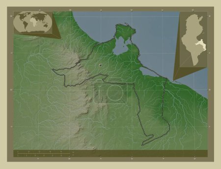 Téléchargez les photos : Médénine, gouvernorat de Tunisie. Carte d'altitude colorée dans le style wiki avec des lacs et des rivières. Corner cartes de localisation auxiliaires - en image libre de droit
