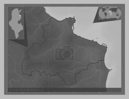 Photo for Monastir, governorate of Tunisia. Grayscale elevation map with lakes and rivers. Corner auxiliary location maps - Royalty Free Image