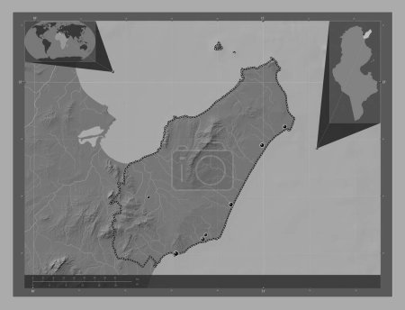 Téléchargez les photos : Nabeul, gouvernorat de Tunisie. Carte d'altitude de Bilevel avec lacs et rivières. Emplacements des grandes villes de la région. Corner cartes de localisation auxiliaires - en image libre de droit