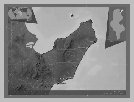 Téléchargez les photos : Nabeul, gouvernorat de Tunisie. Carte d'altitude en niveaux de gris avec lacs et rivières. Emplacements et noms des grandes villes de la région. Corner cartes de localisation auxiliaires - en image libre de droit