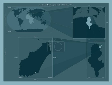 Photo for Nabeul, governorate of Tunisia. Diagram showing the location of the region on larger-scale maps. Composition of vector frames and PNG shapes on a solid background - Royalty Free Image