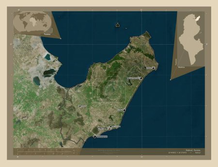 Téléchargez les photos : Nabeul, gouvernorat de Tunisie. Carte satellite haute résolution. Emplacements et noms des grandes villes de la région. Corner cartes de localisation auxiliaires - en image libre de droit