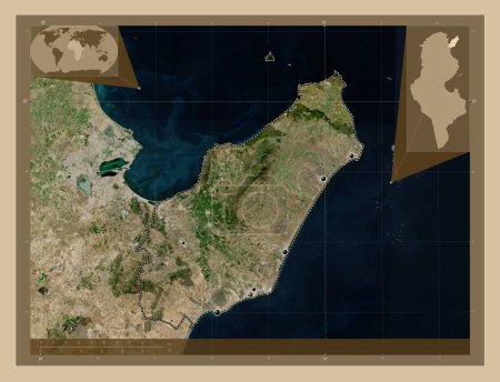 Téléchargez les photos : Nabeul, gouvernorat de Tunisie. Carte satellite basse résolution. Emplacements des grandes villes de la région. Corner cartes de localisation auxiliaires - en image libre de droit