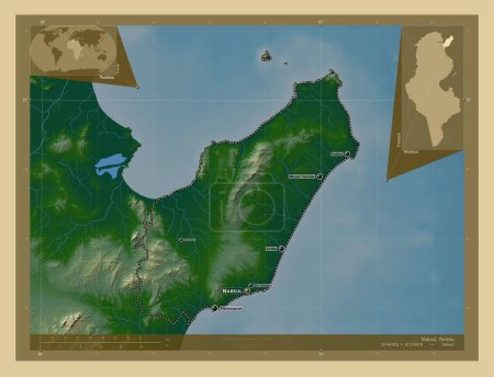 Téléchargez les photos : Nabeul, gouvernorat de Tunisie. Carte d'altitude colorée avec lacs et rivières. Emplacements et noms des grandes villes de la région. Corner cartes de localisation auxiliaires - en image libre de droit
