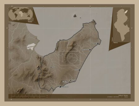 Téléchargez les photos : Nabeul, governorate of Tunisia. Elevation map colored in sepia tones with lakes and rivers. Locations and names of major cities of the region. Corner auxiliary location maps - en image libre de droit