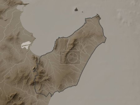 Téléchargez les photos : Nabeul, gouvernorat de Tunisie. Carte d'altitude colorée dans des tons sépia avec des lacs et des rivières - en image libre de droit