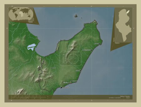 Téléchargez les photos : Nabeul, gouvernorat de Tunisie. Carte d'altitude colorée dans le style wiki avec des lacs et des rivières. Emplacements et noms des grandes villes de la région. Corner cartes de localisation auxiliaires - en image libre de droit