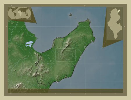 Téléchargez les photos : Nabeul, gouvernorat de Tunisie. Carte d'altitude colorée dans le style wiki avec des lacs et des rivières. Emplacements des grandes villes de la région. Corner cartes de localisation auxiliaires - en image libre de droit