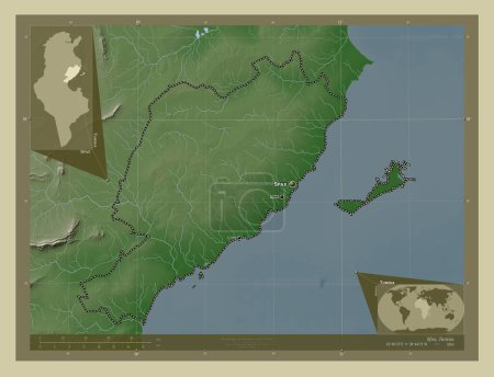 Téléchargez les photos : Sfax, gouvernorat de Tunisie. Carte d'altitude colorée dans le style wiki avec des lacs et des rivières. Emplacements et noms des grandes villes de la région. Corner cartes de localisation auxiliaires - en image libre de droit