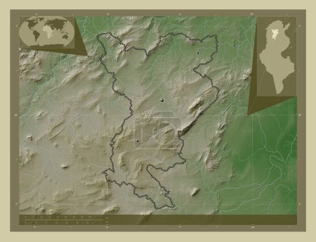 Téléchargez les photos : Siliana, gouvernorat de Tunisie. Carte d'altitude colorée dans le style wiki avec des lacs et des rivières. Emplacements des grandes villes de la région. Corner cartes de localisation auxiliaires - en image libre de droit