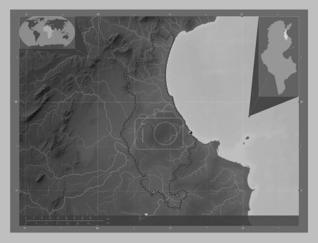 Téléchargez les photos : Sousse, gouvernorat de Tunisie. Carte d'altitude en niveaux de gris avec lacs et rivières. Corner cartes de localisation auxiliaires - en image libre de droit