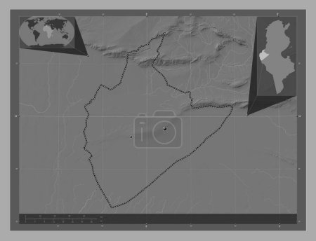 Téléchargez les photos : Tozeur, gouvernorat de Tunisie. Carte d'altitude de Bilevel avec lacs et rivières. Emplacements des grandes villes de la région. Corner cartes de localisation auxiliaires - en image libre de droit