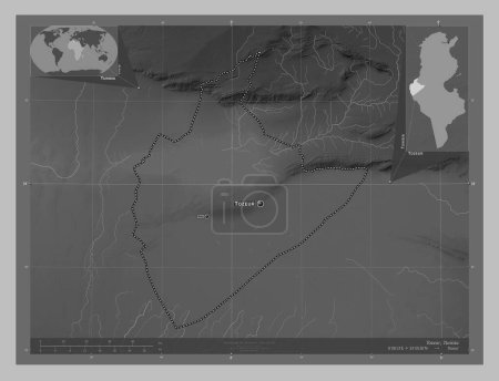 Foto de Tozeur, provincia de Túnez. Mapa de elevación a escala de grises con lagos y ríos. Ubicaciones y nombres de las principales ciudades de la región. Mapas de ubicación auxiliares de esquina - Imagen libre de derechos