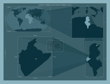 Foto de Tozeur, provincia de Túnez. Diagrama que muestra la ubicación de la región en mapas a gran escala. Composición de marcos vectoriales y formas PNG sobre un fondo sólido - Imagen libre de derechos