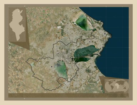 Foto de Túnez, provincia de Túnez. Mapa satelital de alta resolución. Ubicaciones de las principales ciudades de la región. Mapas de ubicación auxiliares de esquina - Imagen libre de derechos